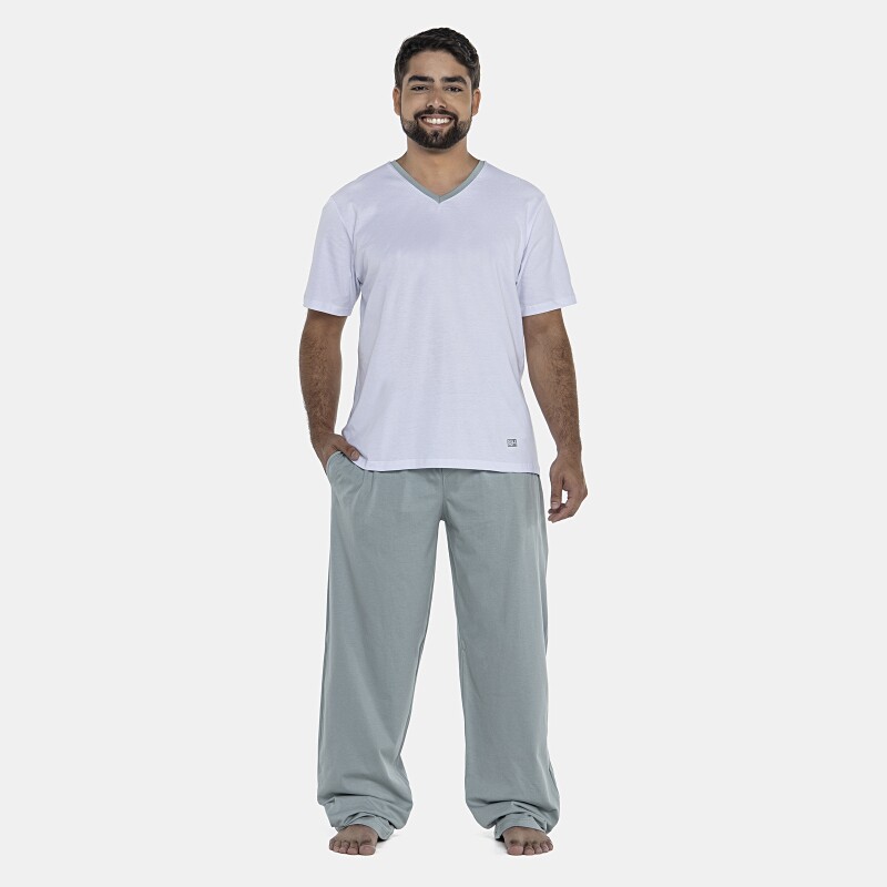 Pijama Masculino Adulto Manga Curta Decote V e Calça