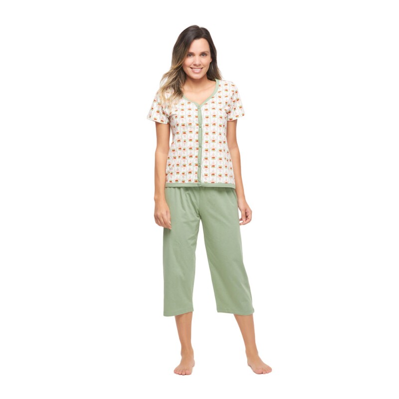 Pijama Feminino Adulto Manga Curta Aberto e Corsário