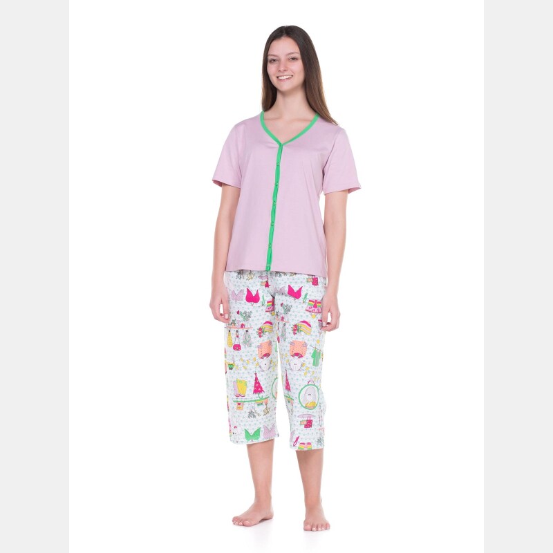 Pijama Feminino Adulto Manga Curta e Corsário