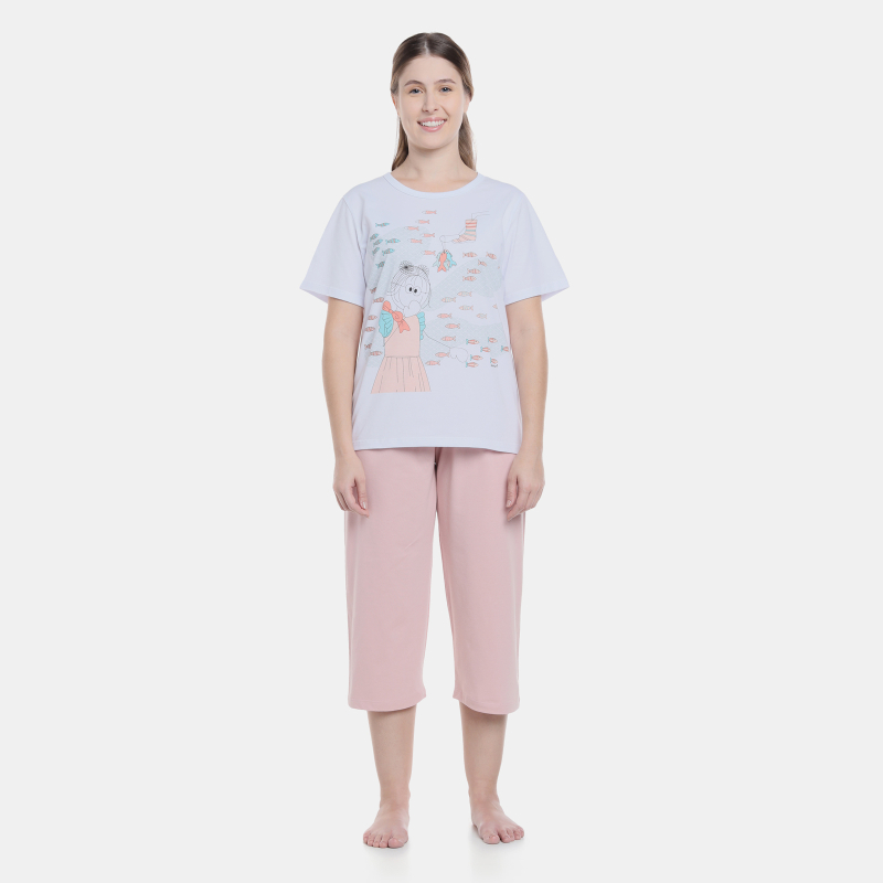 Pijama Feminino Adulto Manga Curta e Corsário