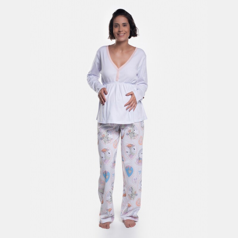 Pijama Gestante Sonhart Blusa Manga Longa Decote V e Calça Estampada