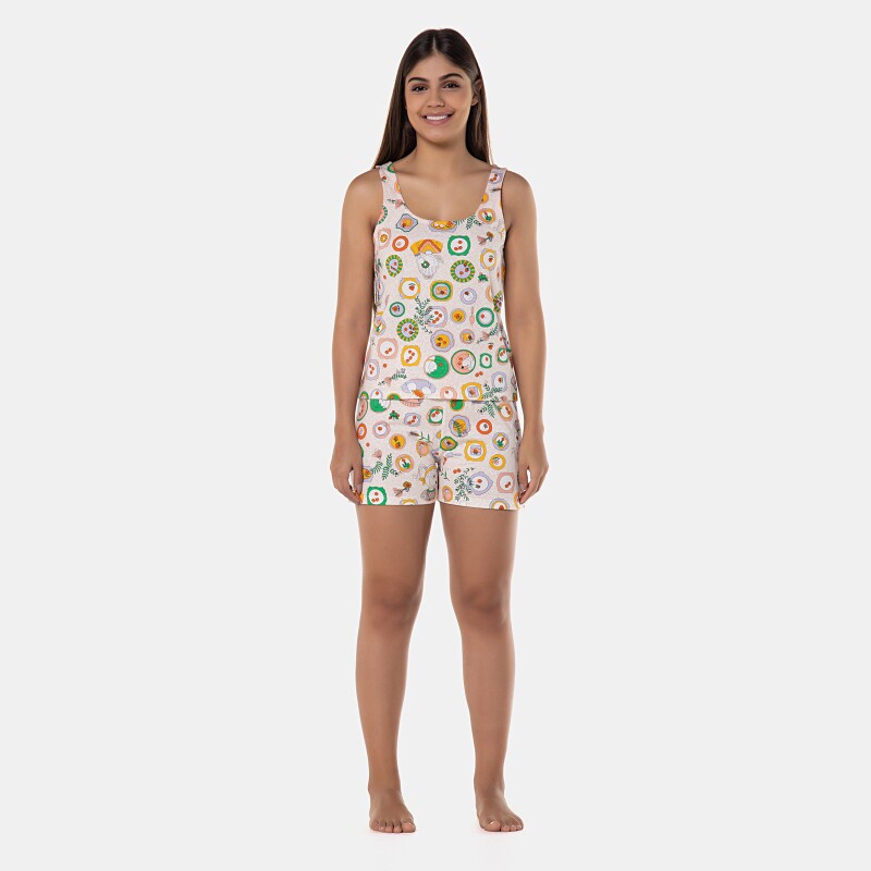 Pijama Feminino Curto regata Alça Larga e short Estampado