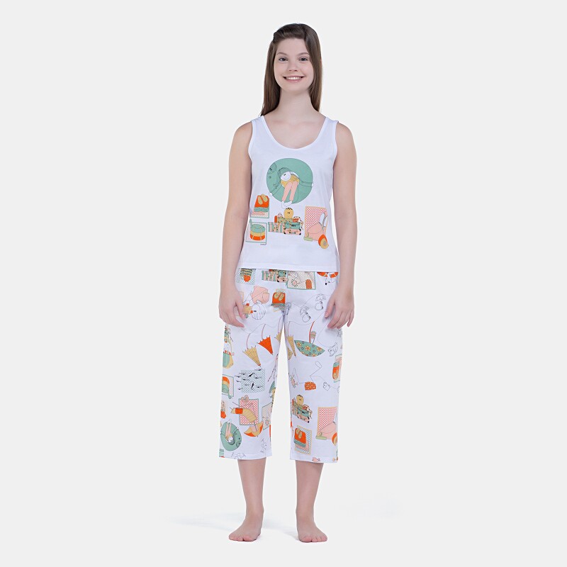 Pijama Feminino Regata Média e Calça Corsário Estampada