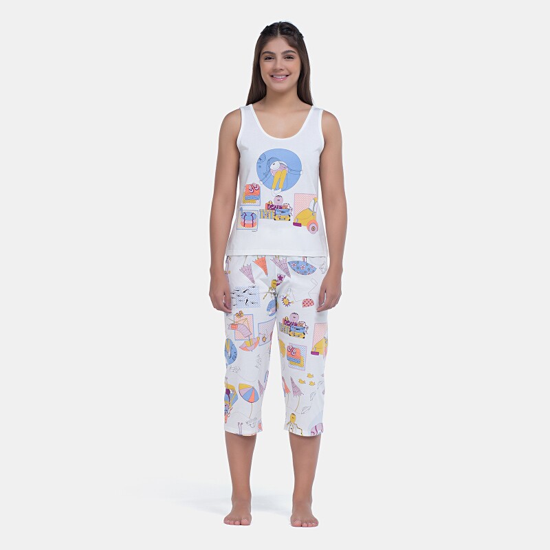 Pijama Feminino Regata Média e Calça Corsário Estampa Pat