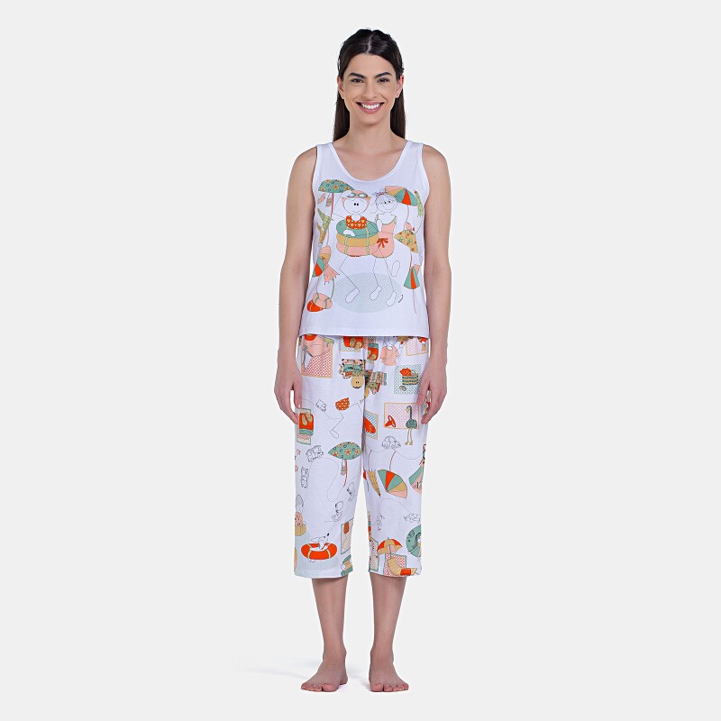 Pijama Feminino Regata Média e Calça Corsário Estampada