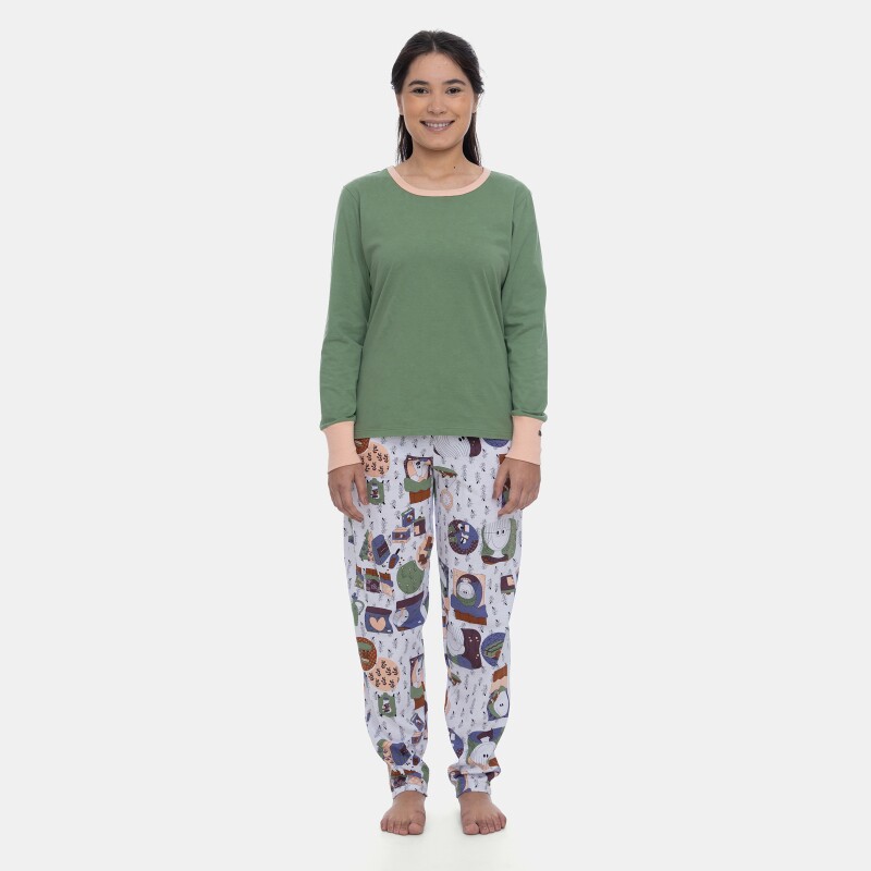 Pijama Feminino Adulto Manga Longa e Calça Estampada