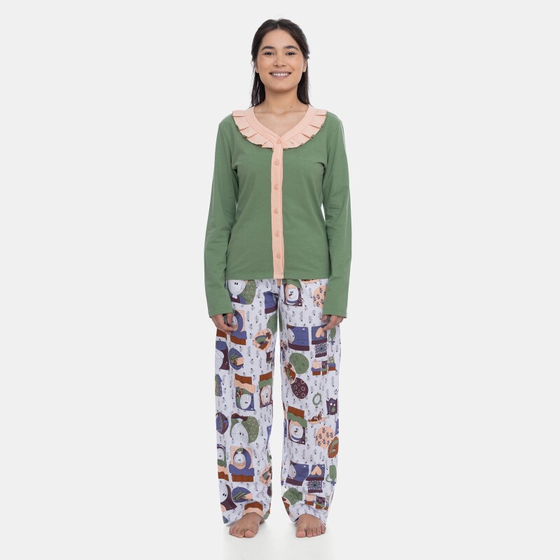 Pijama Homewear Feminino Blusa Botões Manga Longa e Calça Estampada