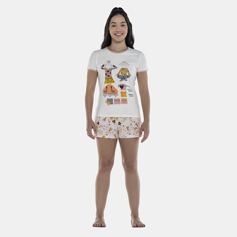 Pijama Feminino Adulto Baby-Look Manga Curta e Short