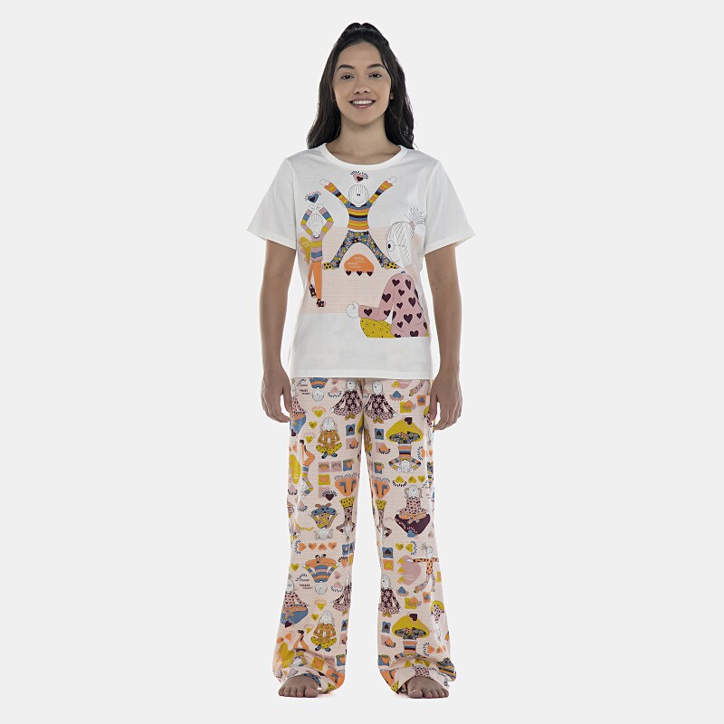 Pijama Feminino Adulto Manga Curta e Calça