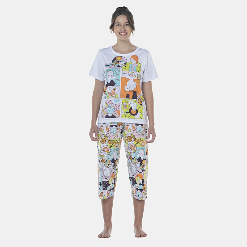 Pijama Feminino Adulto Manga Curta e Corsário