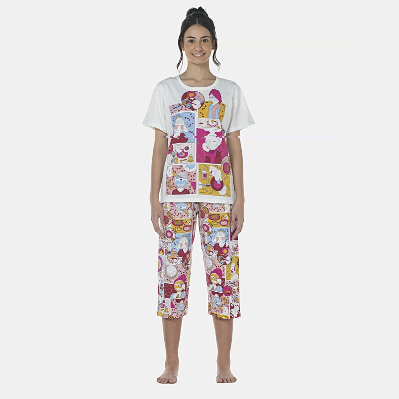 Pijama Feminino Adulto Manga Curta e Corsário