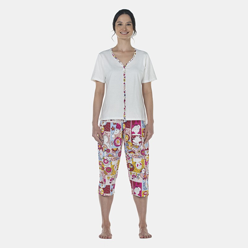 Pijama Feminino Adulto Manga Curta Aberta e Corsário