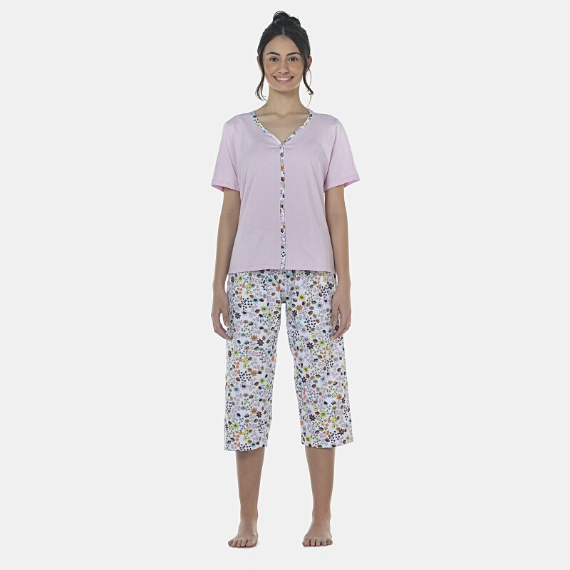 Pijama Feminino Adulto Manga Curta Aberta e Corsário