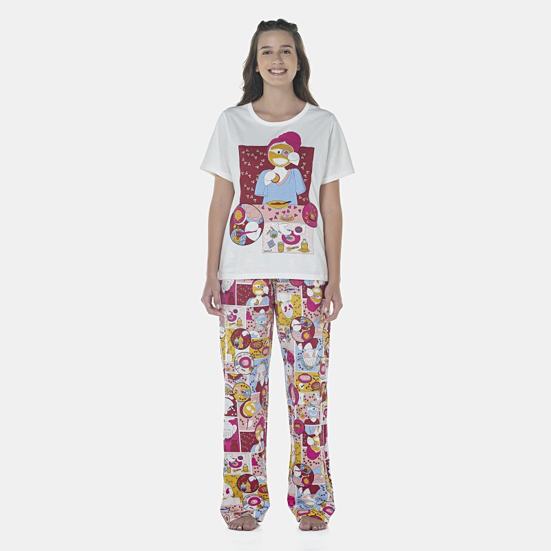 Pijama Feminino Adulto Manga Curta e Calça