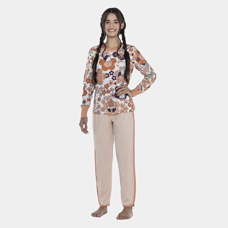 Pijama Feminino Adulto Manga Longa Com Punhos e Calça