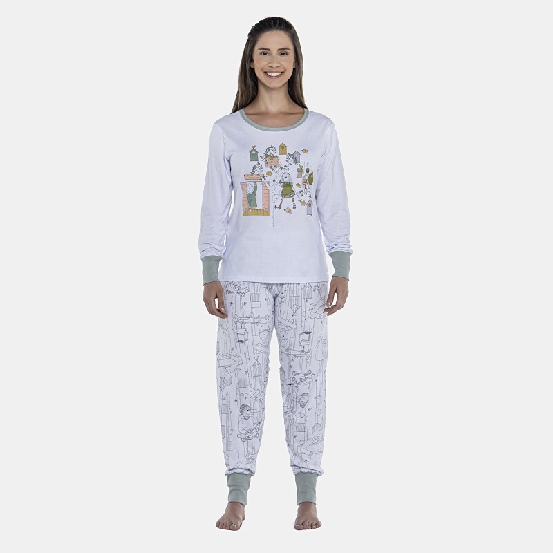 Pijama Feminino Adulto Manga Longa e Calça Com Punhos