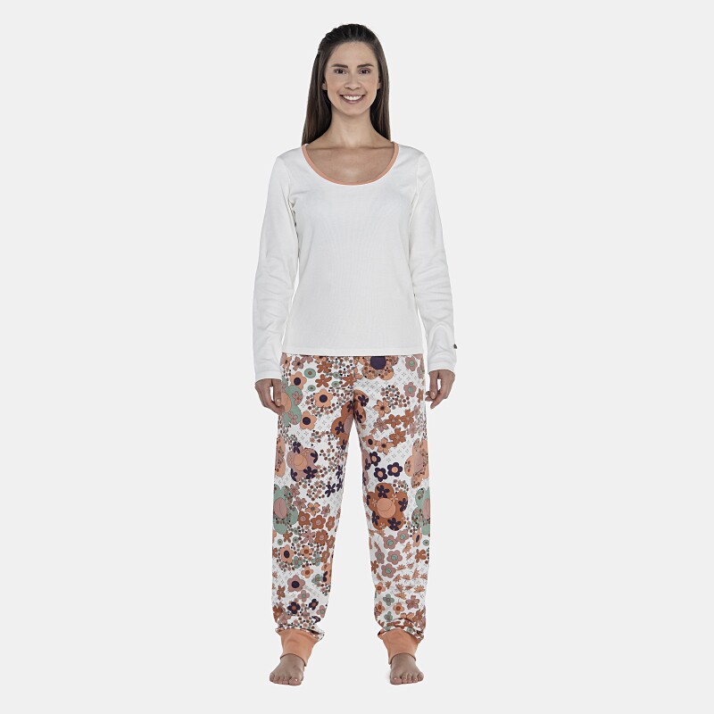Pijama Feminino Adulto Manga Longa Canelada e Calça Moletinho