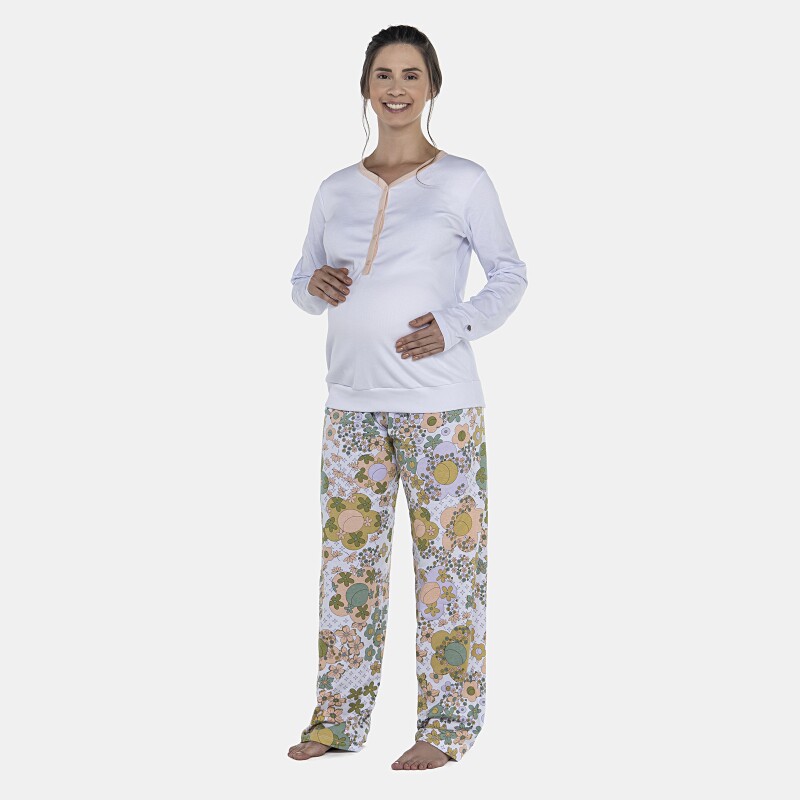 Pijama Feminino Gestante Manga Longa Canelada e Calça