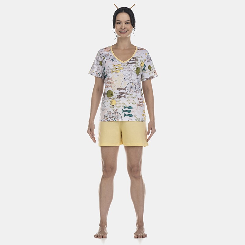 Pijama Feminino Adulto Manga Curta Decote V e Short