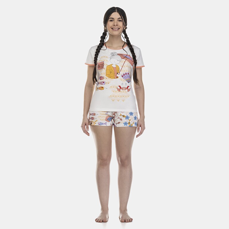 Pijama Feminino Adulto Baby-Look Manga Curta e Short