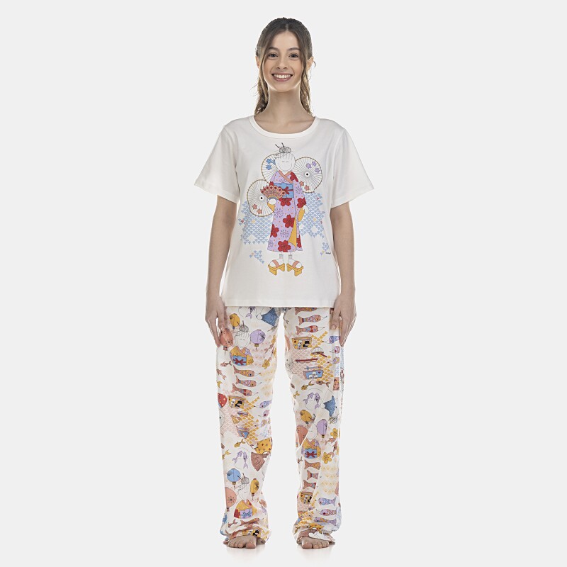 Pijama Feminino Adulto Manga Curta e Calça