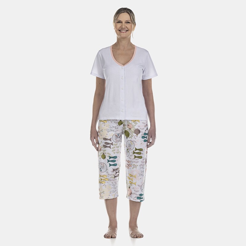 Pijama Feminino Adulto Manga Curta Aberto e Corsário