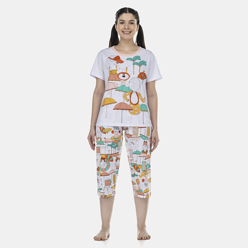 Pijama Feminino Adulto Manga Curta e Corsário