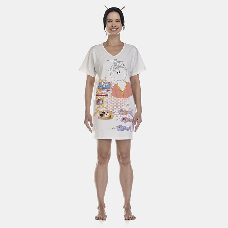 Camisão Feminino Adulto Manga Curta Decote V