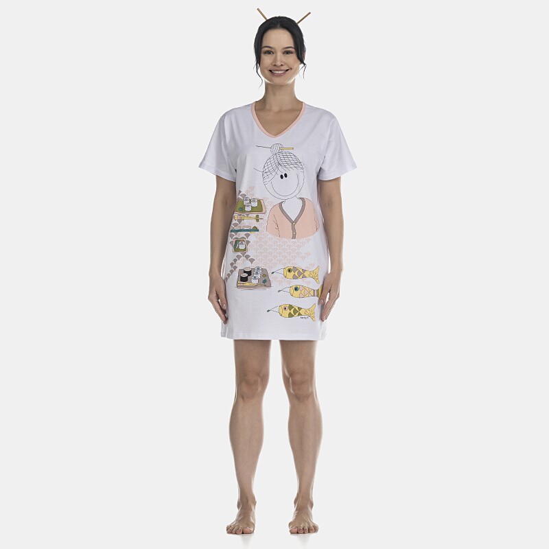 Camisão Feminino Adulto Manga Curta Decote V