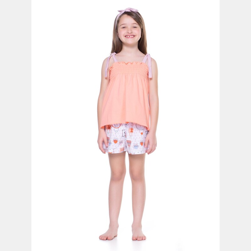 PIJAMA INFANTIL FEMININO BLUSA ALÇA LÁSTEX E SHORT PAT E NINA
