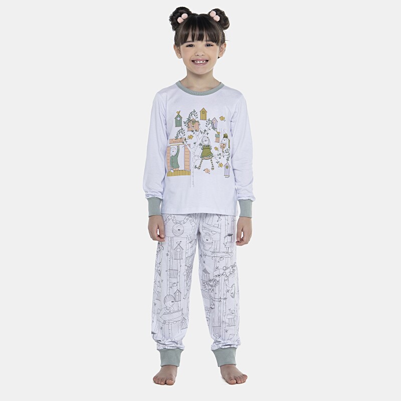 Pijama Feminino Kids Manga Longa e Calça Com Punhos