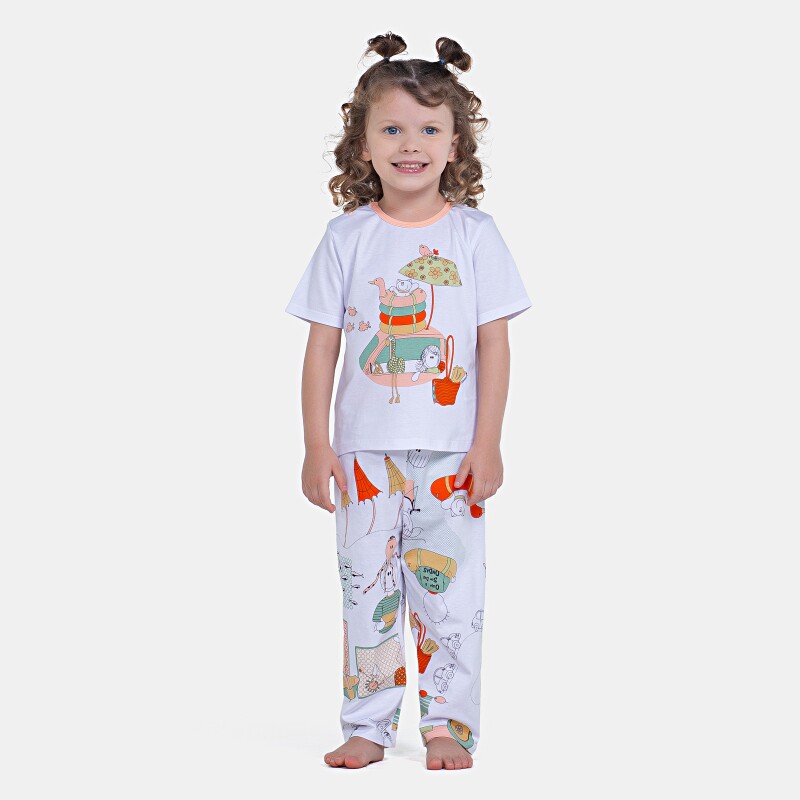 Conjunto de Pijama Feminino Infantil Manga Curta e Calça Estampada
