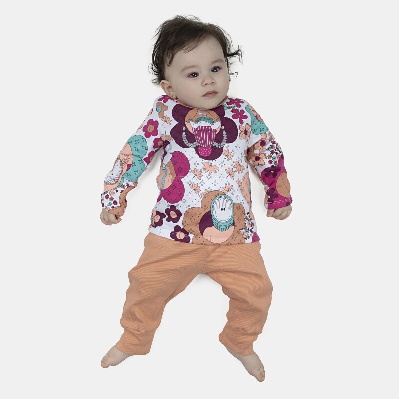 Pijama Feminino Bebe Body Manga Longa Moletinho e Calça Canelada