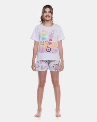 Pijama Feminino Manga Curta e Short Pat e Annie