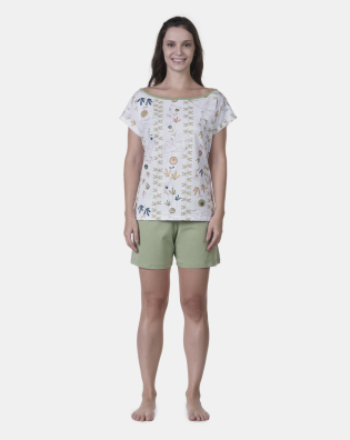 Pijama Curto Feminino Sonhart Blusa Canoa  e bermuda Verde    
