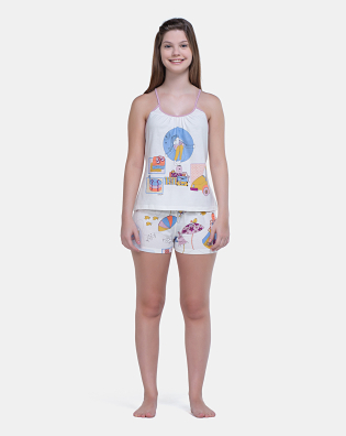 Pijama Curto Feminino Regata Alça Fina e Short Estampa Pat