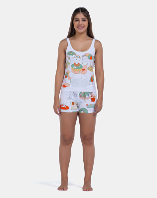 Pijama Curto Feminino Regata Alça Fina e Short Estampa Pat e Annie