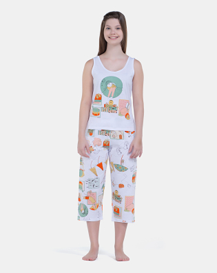 Pijama Feminino Regata Média e Calça Corsário Estampada