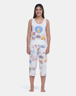 Pijama Feminino Regata Média e Calça Corsário Estampa Pat