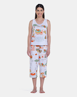 Pijama Feminino Regata Média e Calça Corsário Estampada