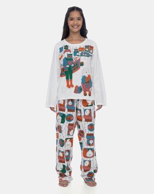 Pijama Feminino Adulto Manga Longa e Calça Estampada