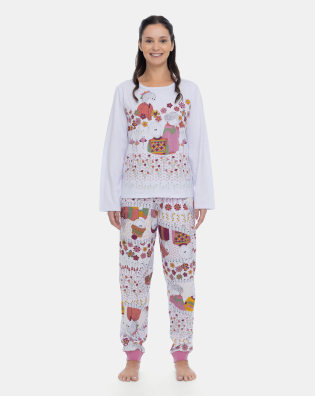 Pijama Feminino Adulto Manga Longa e Calça Estampada