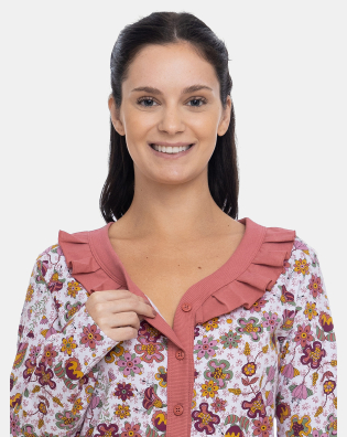 Pijama Feminino Adulto Blusa Botões Manga Longa e Calça Floral