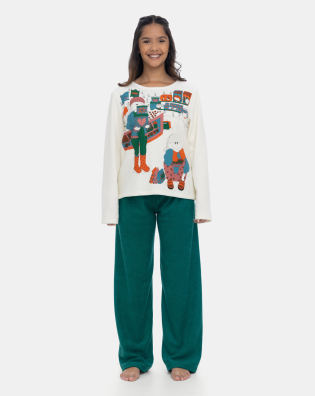 Pijama Longo Feminino Tecido Plush Estampa Pat e Annie