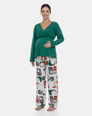 Pijama Sonhart Gestante Longo Blusa Decote V e Calça Estampada