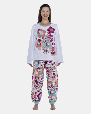 Pijama Feminino Adulto Manga Longa e Calça Com Punhos