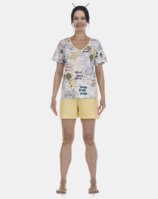 Pijama Feminino Adulto Manga Curta Decote V e Short