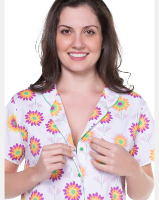 Camisola Feminina Com Botões Manga Curta Estampa Floral 