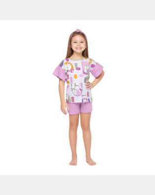 Pijama Feminino Curto Infantil Blusa manga curta e short Lavanda