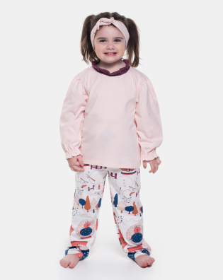 Pijama Feminino Blusa Manga Longa Babado e Calça Estampada